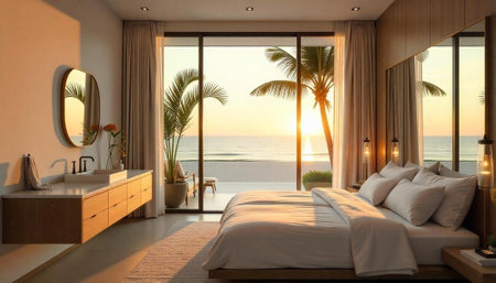 Elegant bedroom overlooking beach at sunrise luxury retreatの写真素材