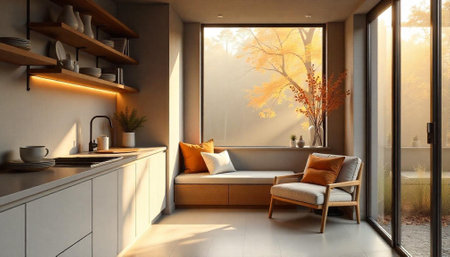 Cozy kitchen interior with window seat in autumn light