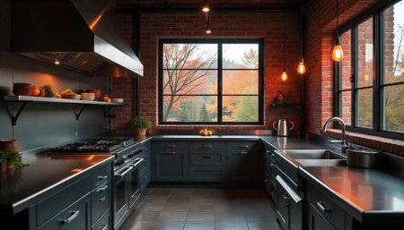 Rustic industrial kitchen with autumn view and warm lighting