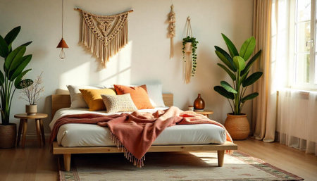 Cozy bohemian bedroom interior with natural light and plants