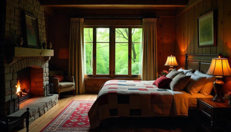 Cozy cabin bedroom with fireplace and forest viewの写真素材