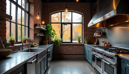 Modern industrial kitchen with exposed brick and autumn viewの写真素材