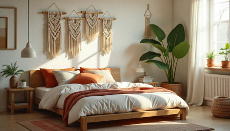 Sunlit bohemian bedroom interior with macrame and houseplants