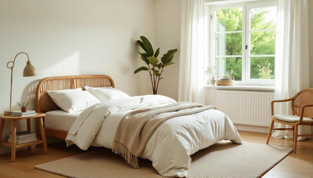 Bright bedroom with neutral tones and natural light ambiance