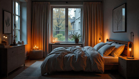 Warm bedroom interior showcasing cozy bedding and soft lighting