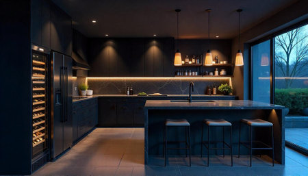 Modern kitchen interior design with island and wine storageの写真素材