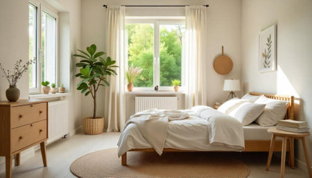Cozy bedroom interior with natural light and wooden accents
