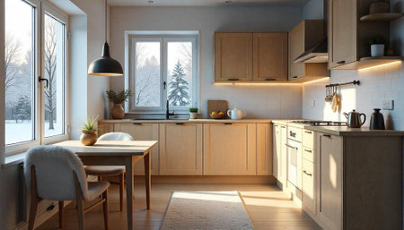 Cozy kitchen scene with winter view through window