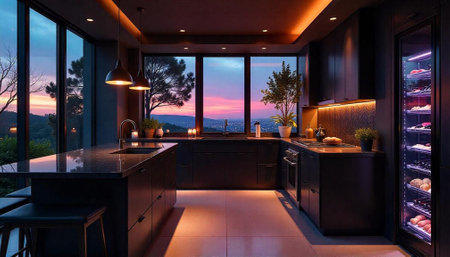 Elegant kitchen interior with sunset view and modern design