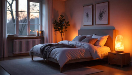 Cozy Bedroom Interior with Soft Lighting at Sunsetの写真素材