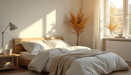 Bright modern bedroom interior design with natural light accentsの写真素材