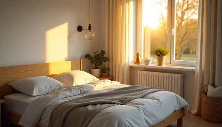 Cozy bedroom interior with warm sunlight and natural elements