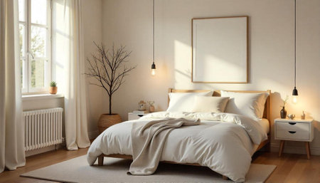 Cozy modern bedroom interior with natural light and minimal decor