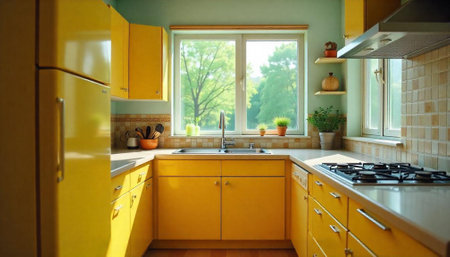 Bright yellow kitchen interior featuring natural light and greeneryの写真素材