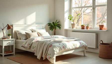 Bright Bedroom Interior with Natural Light and Floral Bedding