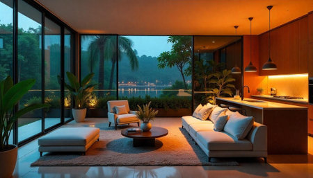 Luxury living room interior with nature view at twilightの写真素材