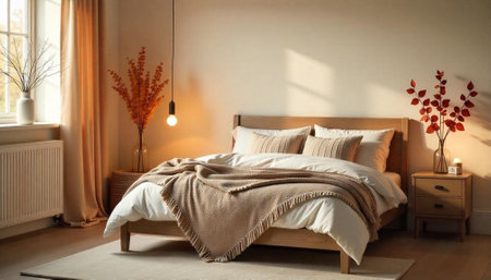 Warm and inviting bedroom with neutral tones and soft light