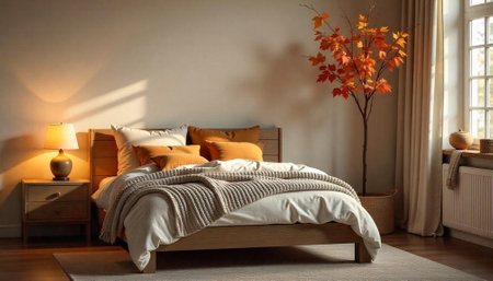 Cozy bedroom with autumnal accents and warm lighting