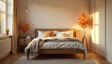Warm inviting bedroom showcasing autumn decor and natural lightの写真素材