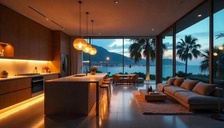 Modern kitchen and living room design with ocean view