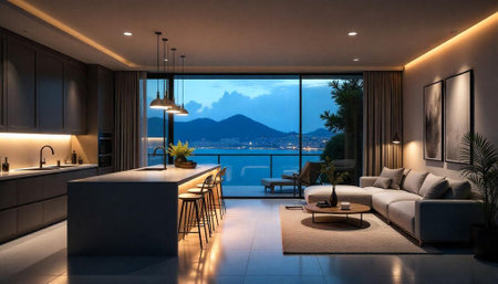 Modern apartment interior with kitchen island and scenic ocean view