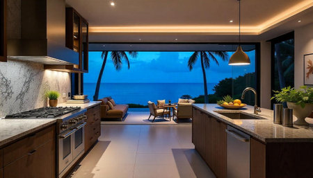 Luxury kitchen with ocean view and elegant interior designの写真素材