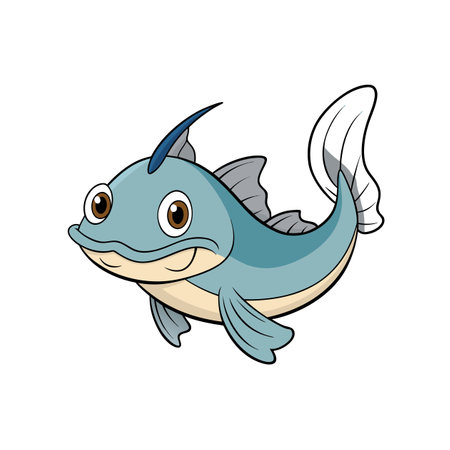 Friendly cartoon blue fish illustration on white backgroundのイラスト素材