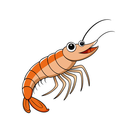 Cartoon shrimp illustration, happy and smiling, on white backgroundのイラスト素材