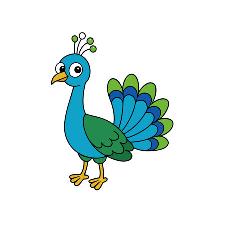 Cute cartoon peacock with vibrant feathers and big eyesのイラスト素材