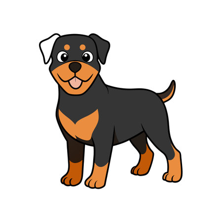 Cartoon Rottweiler standing cheerfully on a plain white backgroundのイラスト素材