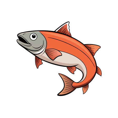 Cartoon illustration of a vibrant jumping salmon on whiteのイラスト素材