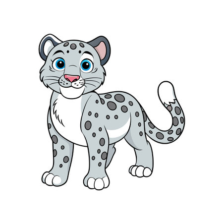 Cute cartoon snow leopard stands alert looking forwardのイラスト素材