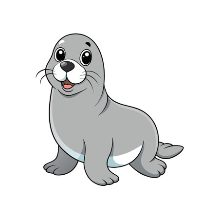 Cartoon grey seal character illustration on white background smilingのイラスト素材