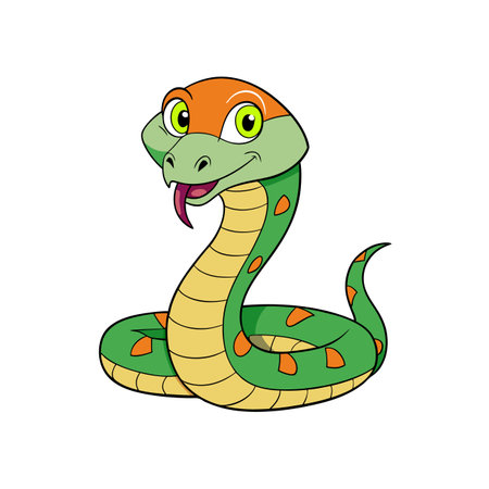 Cartoon snake coiled, green with orange patterns, flat styleのイラスト素材