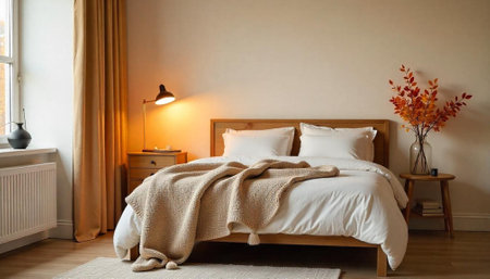Warm bedroom interior with bed, lighting, and autumnal decorの写真素材