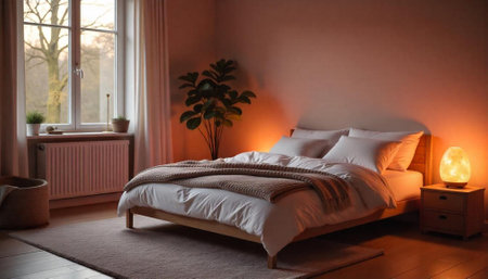 Warm minimalist bedroom with bed, plants, and soft lightingの写真素材