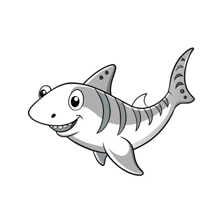 Smiling cartoon shark swimming on a white background imageのイラスト素材