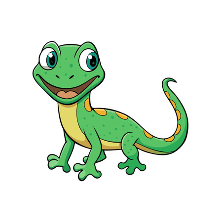 Cute green cartoon gecko smiling with big eyesのイラスト素材