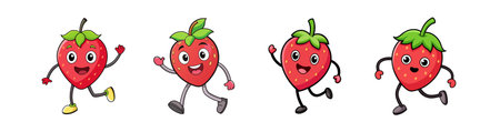 Cartoon Strawberry Characters Running and Waving on White Backgroundのイラスト素材
