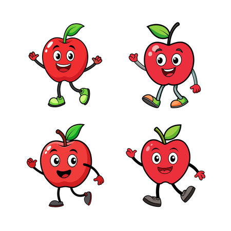 Cute cartoon apple characters walking and waving on white backgroundのイラスト素材