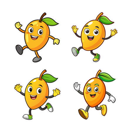 Cheerful mango character collection running and waving helloのイラスト素材