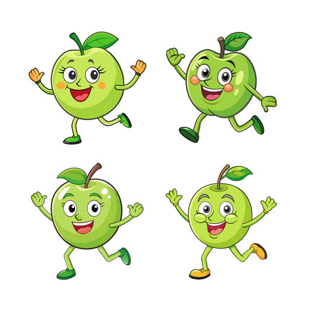 Four happy cartoon green apples running and waving greetingsのイラスト素材