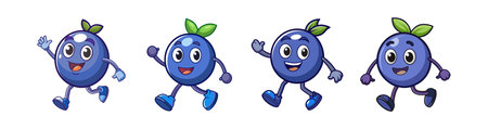 Cartoon blueberries character set running waving isolated on whiteのイラスト素材
