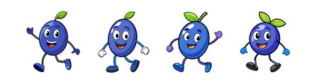 Cartoon Blueberry Characters in Various Poses on White Backgroundのイラスト素材