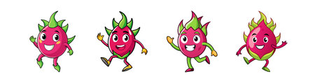 Cartoon dragon fruit characters cheerfully waving and jumping playfullyのイラスト素材