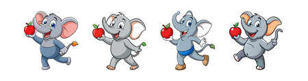 Cartoon elephants holding red apples on isolated white backgroundのイラスト素材