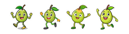 Cheerful Cartoon Pears with Faces Waving and Walkingのイラスト素材