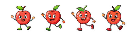 Cheerful cartoon apples walking waving on a white backgroundのイラスト素材