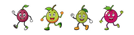 Four Cartoon Fruit Characters Walking and Waving Happilyのイラスト素材