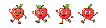 Happy cartoon apples walking, running, greeting, on white backgroundのイラスト素材